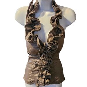 Poetry Clothing Women's Elegant Brown Metallic Ruffled Halter Top Size S